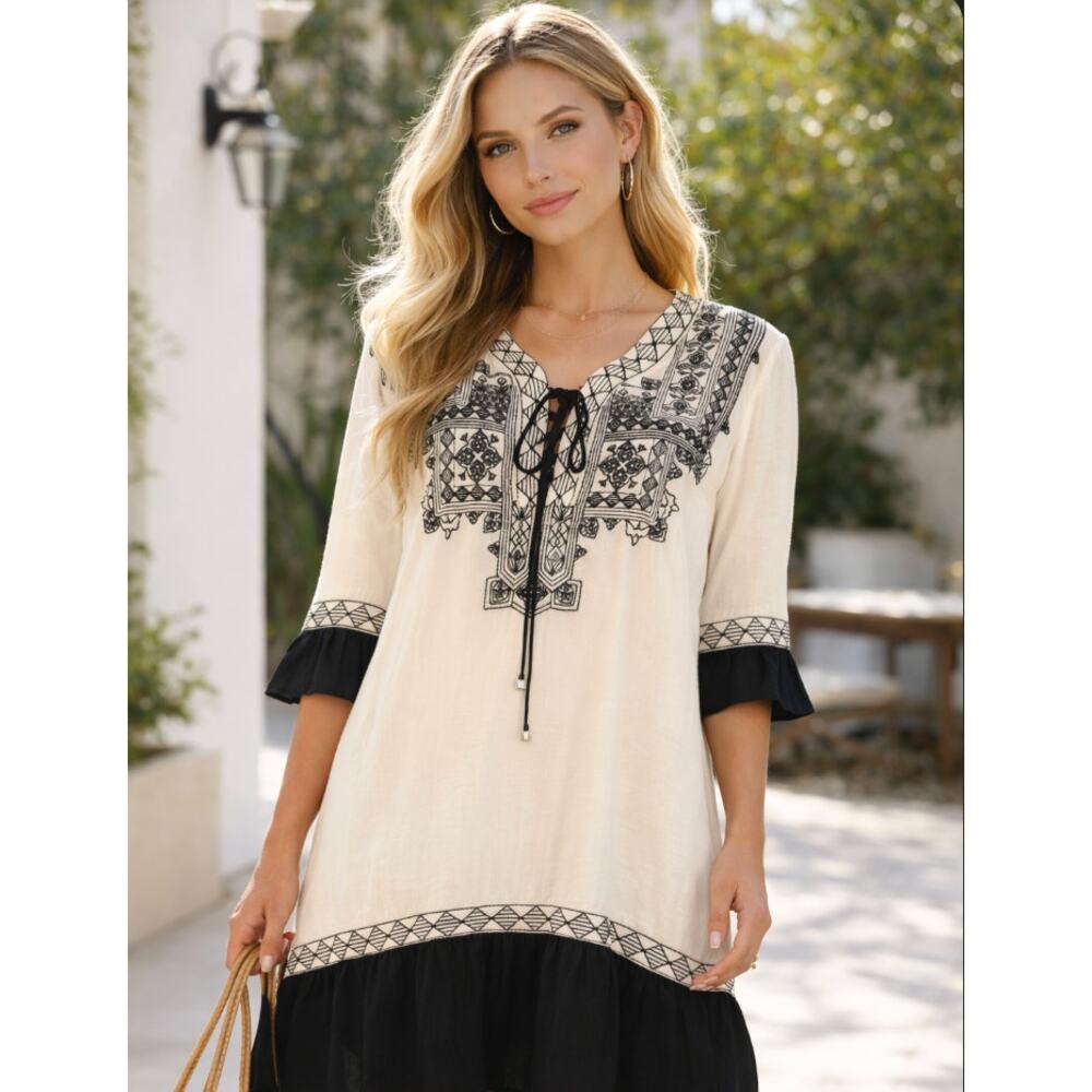 Jade XS White Lined Dress Black Boho Embroidery Shift Dress Flowy Lace Up